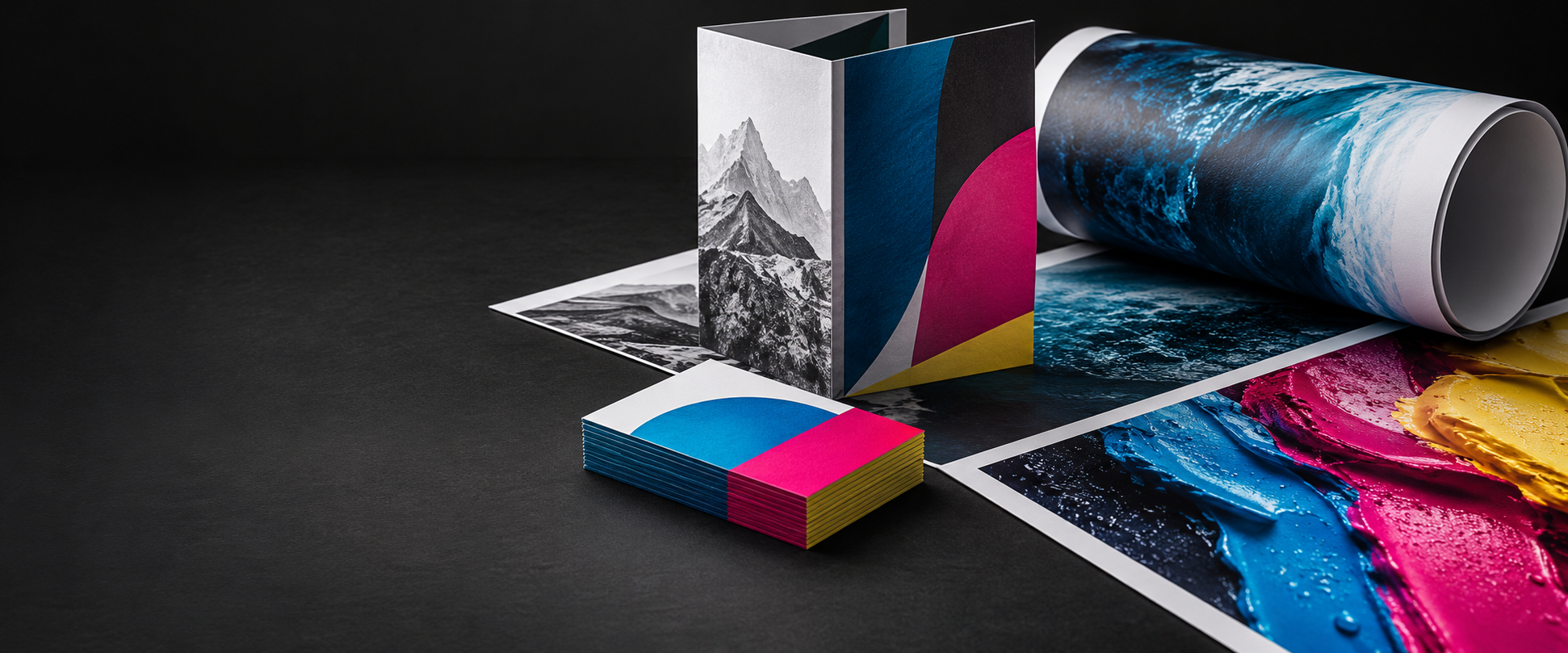 Supports imprimés colorés, brochure, cartes et affiche grand format